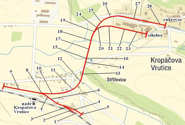 Mapa trasy - očíslované body jsou zachyceny na následujících fotografiích